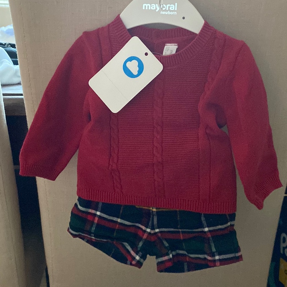 Mayoral Red Plaid Tartan Set Holiday baby outfit set sweater short boy newborn